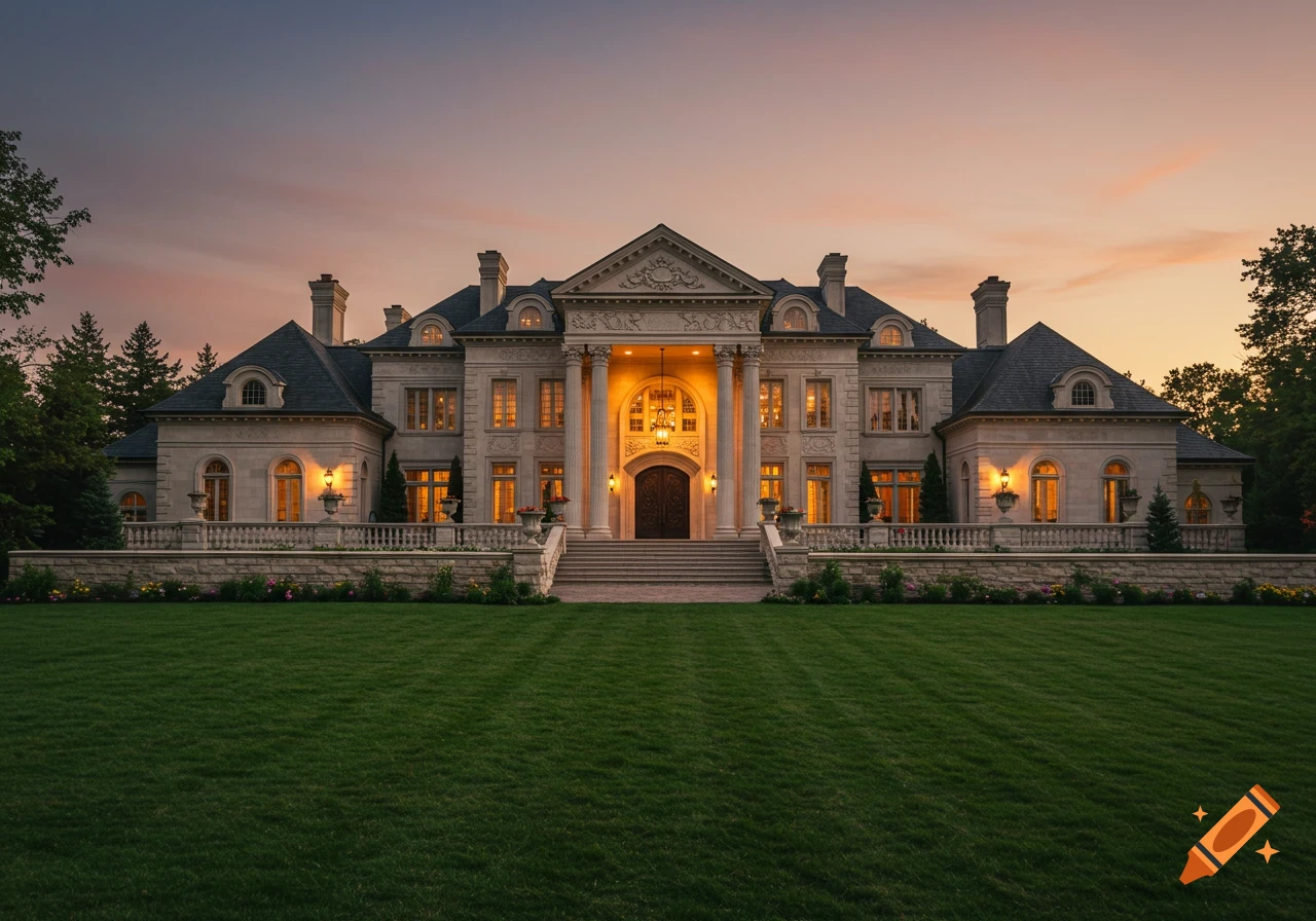 A grand luxury mansion with lit windows at dusk, set against a colorful sky.