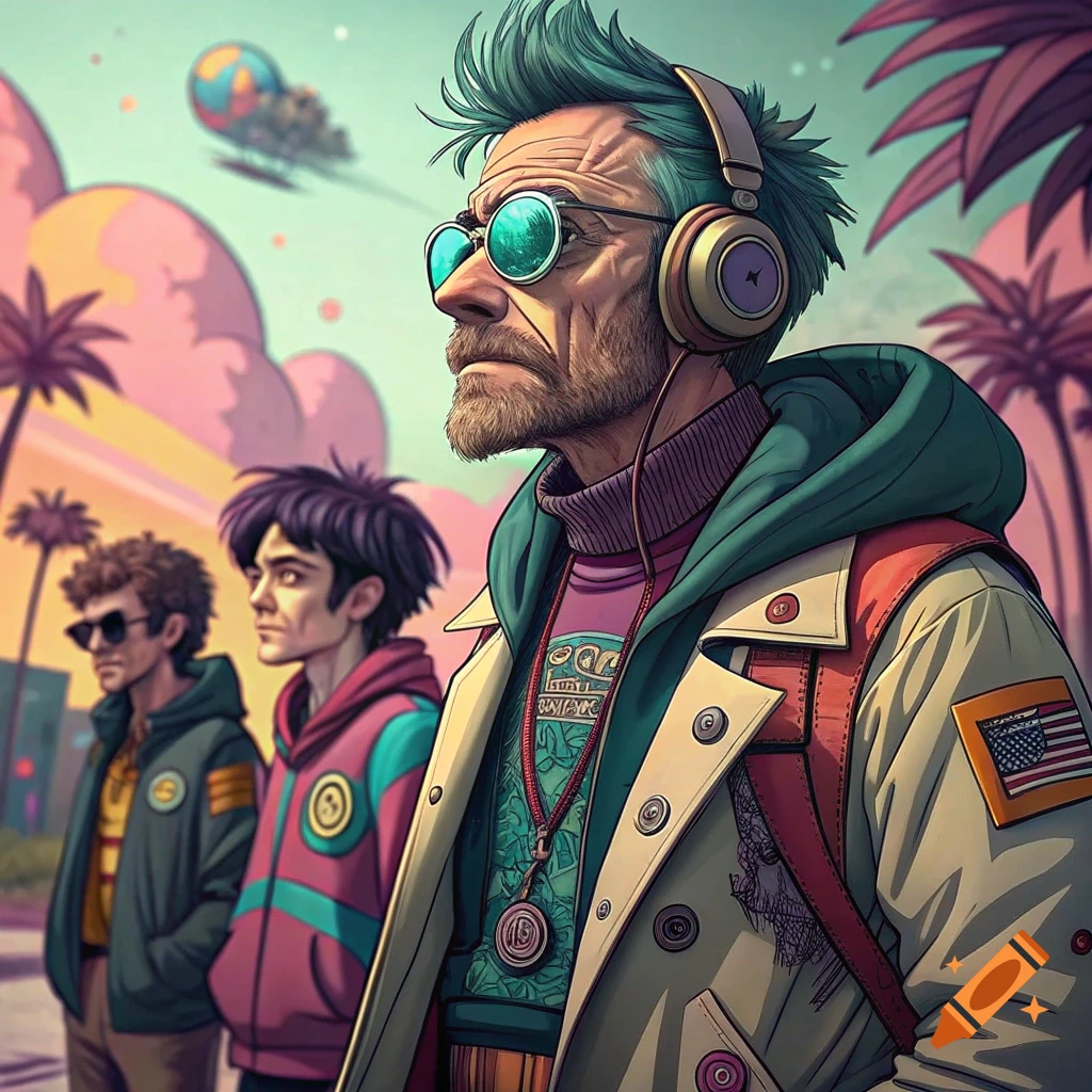 Cartoon illustration of a man with headphones and glasses standing with two others in a stylized outdoor scene.
