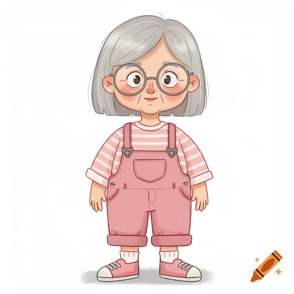 Illustration of an elderly woman with short gray hair, glasses, and pink overalls, in a children's book style.