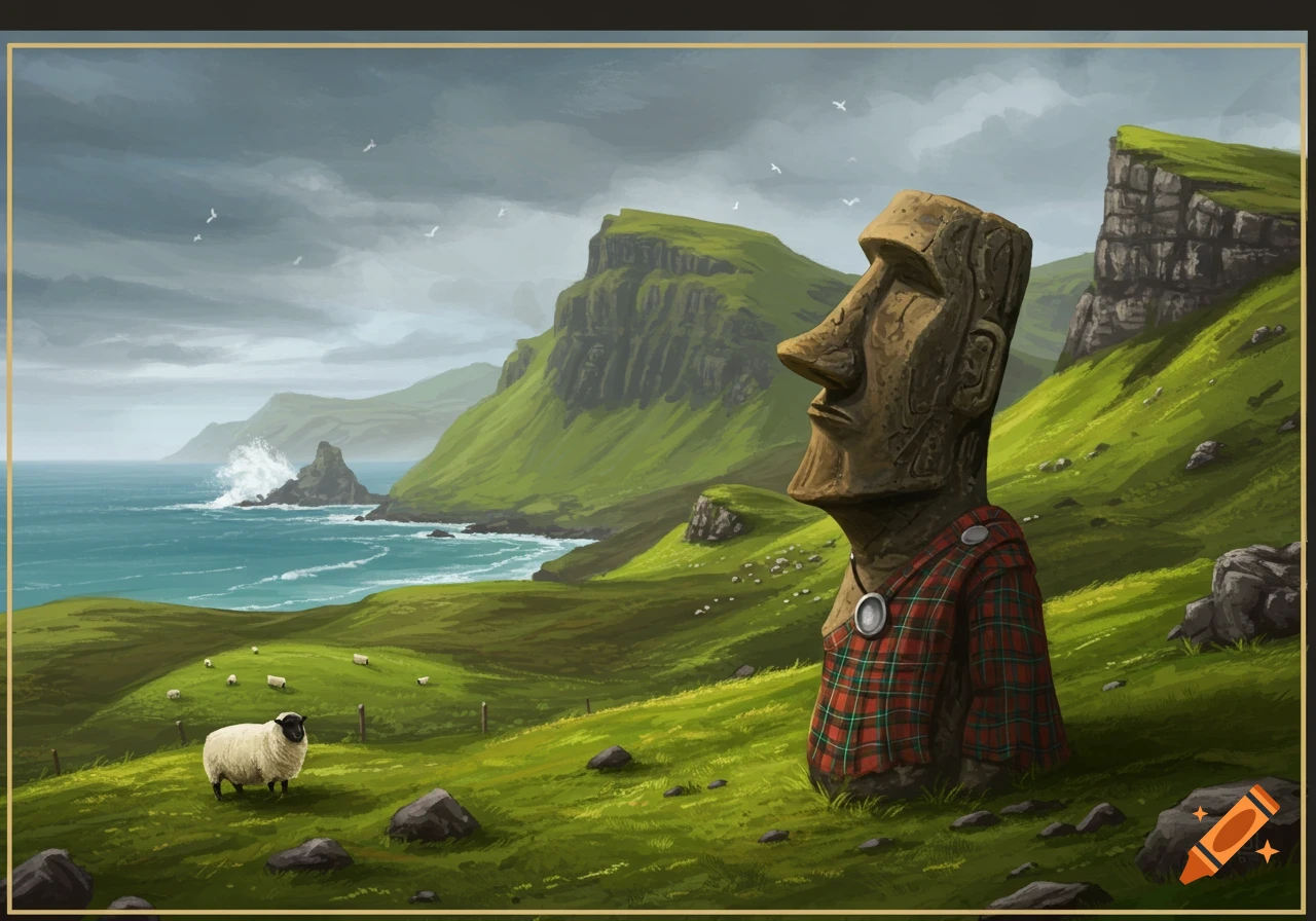 A Moai statue wearing a kilt in a grassy landscape with a sheep, cliffs, and ocean.