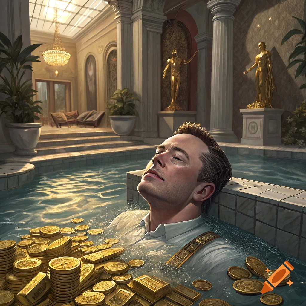 Elon Musk relaxing in a luxurious indoor pool filled with gold coins and bars