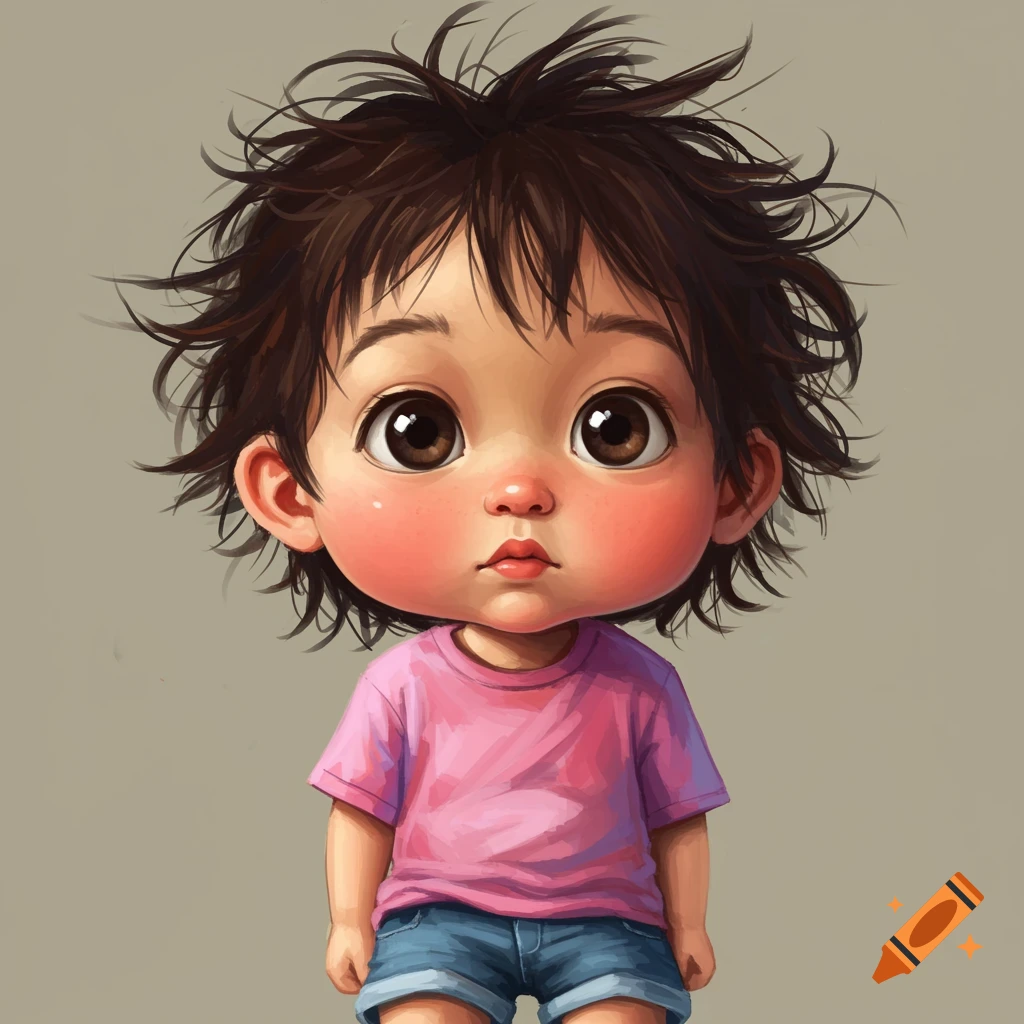 A stylized child with big eyes and messy hair, wearing a pink shirt and denim shorts