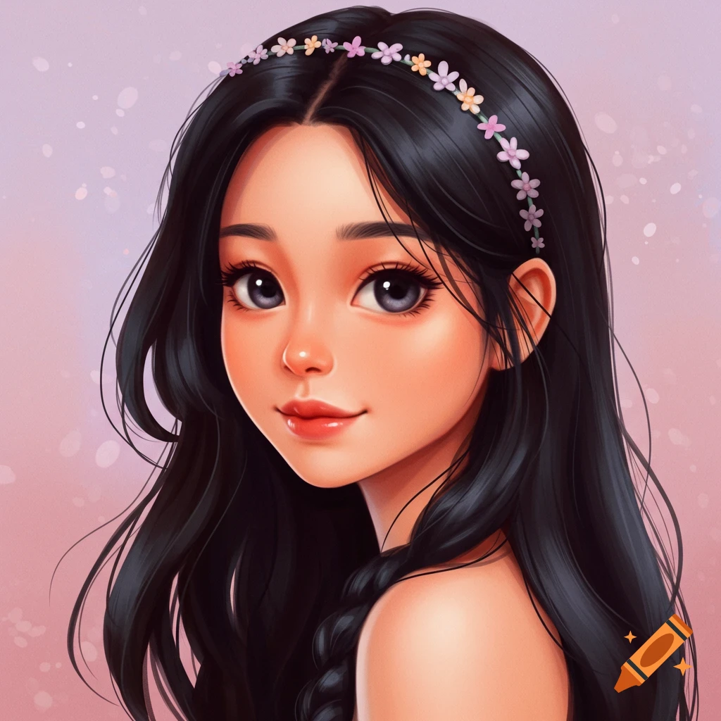 A portrait of a girl with long black hair wearing a flower headband.