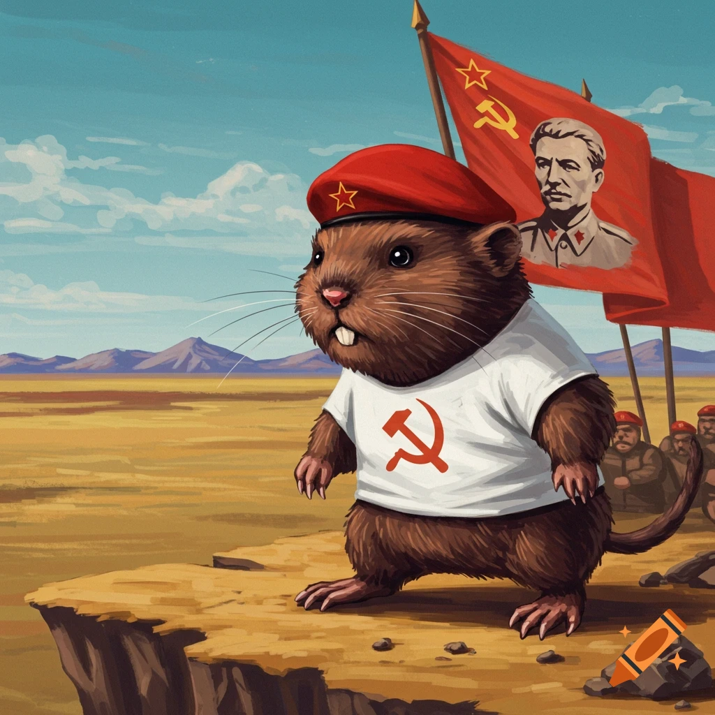 A hamster wearing a red beret and a shirt with communist symbols stands near Soviet flags in a desert landscape.