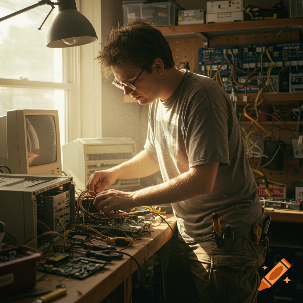 A person in glasses works on an open vintage computer tower in a dusty workshop, surrounded by electronics.