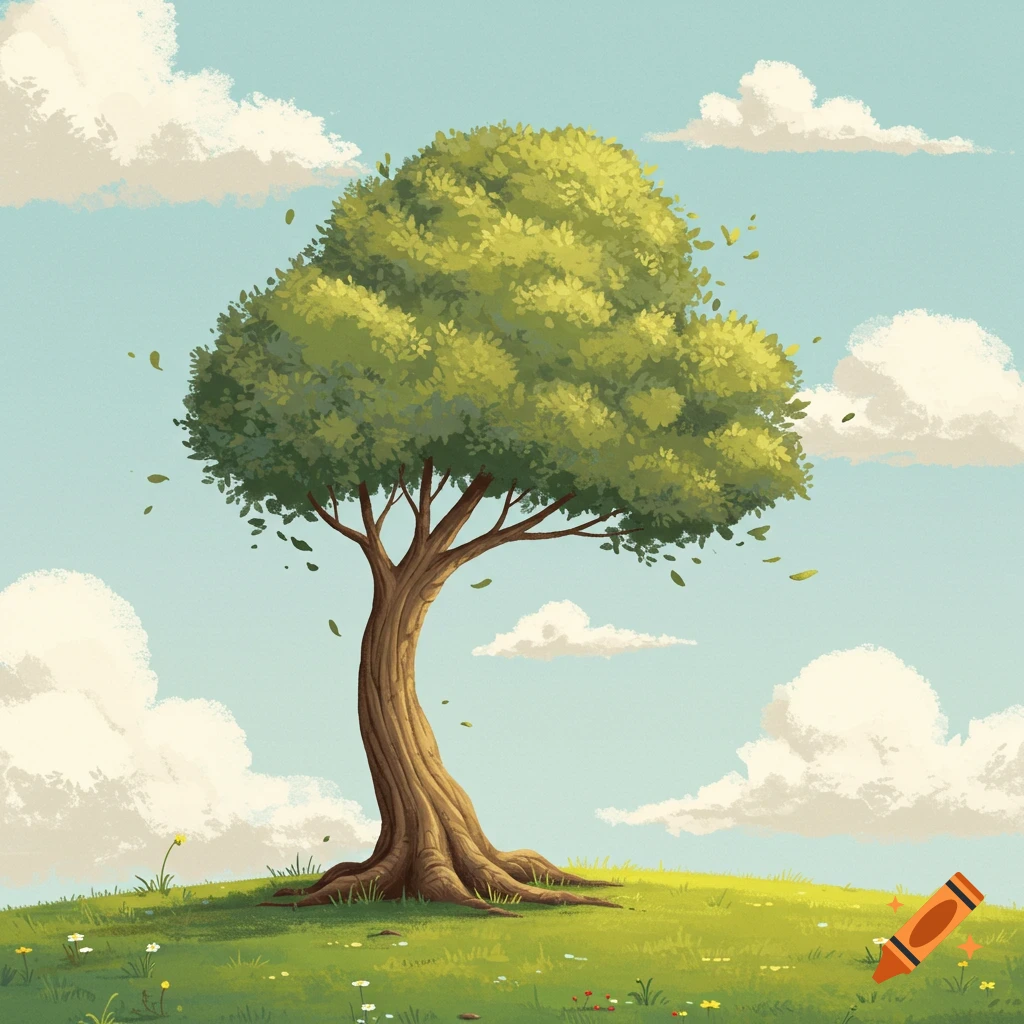 A stylized tree stands on a grassy hill under a cloudy blue sky.