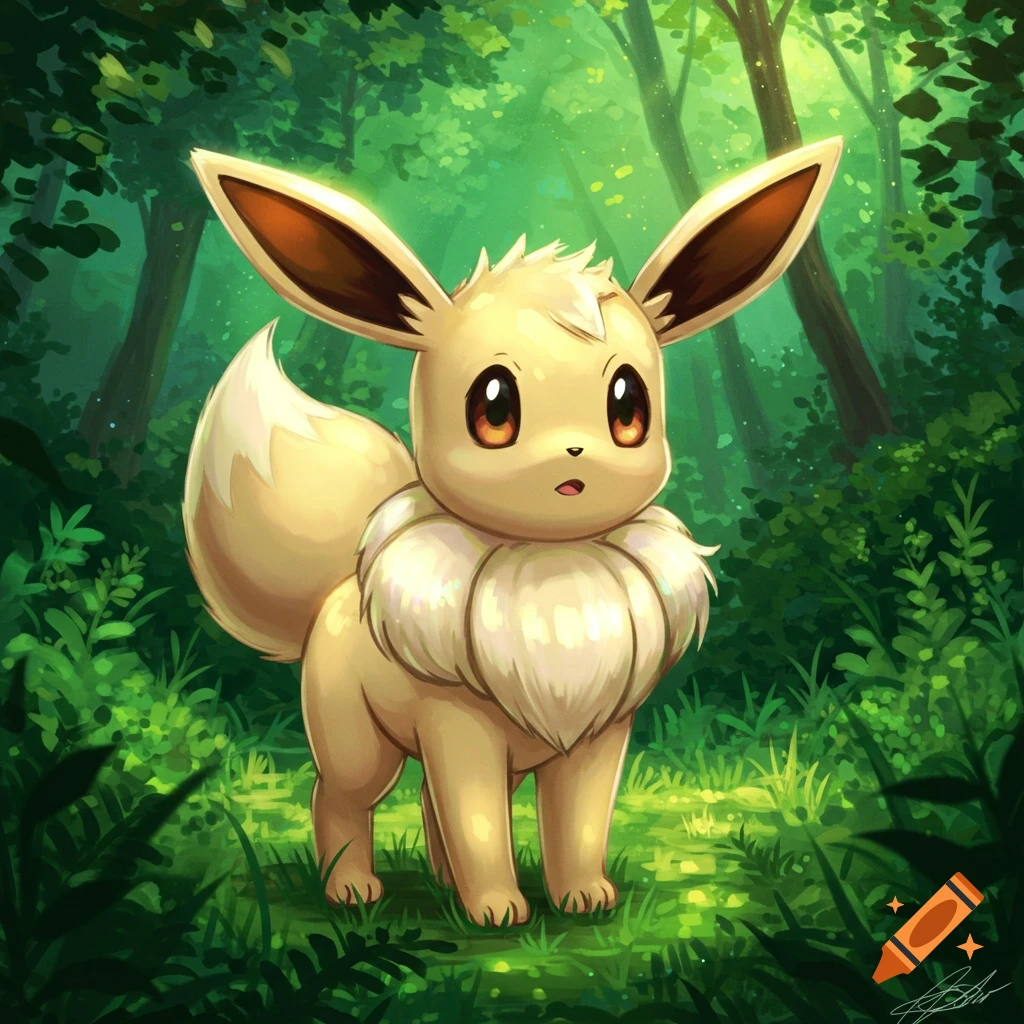 A shiny Eevee character stands in a sunny forest clearing.