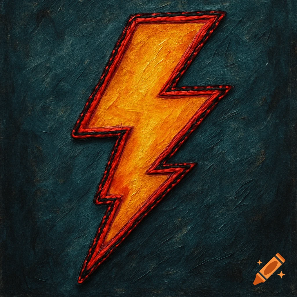 A yellow lightning bolt with a red and black thread outline on a dark blue textured background.