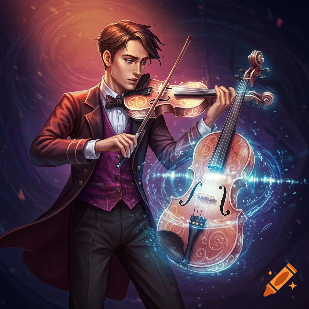 A young man playing a magical violin with glowing energy.
