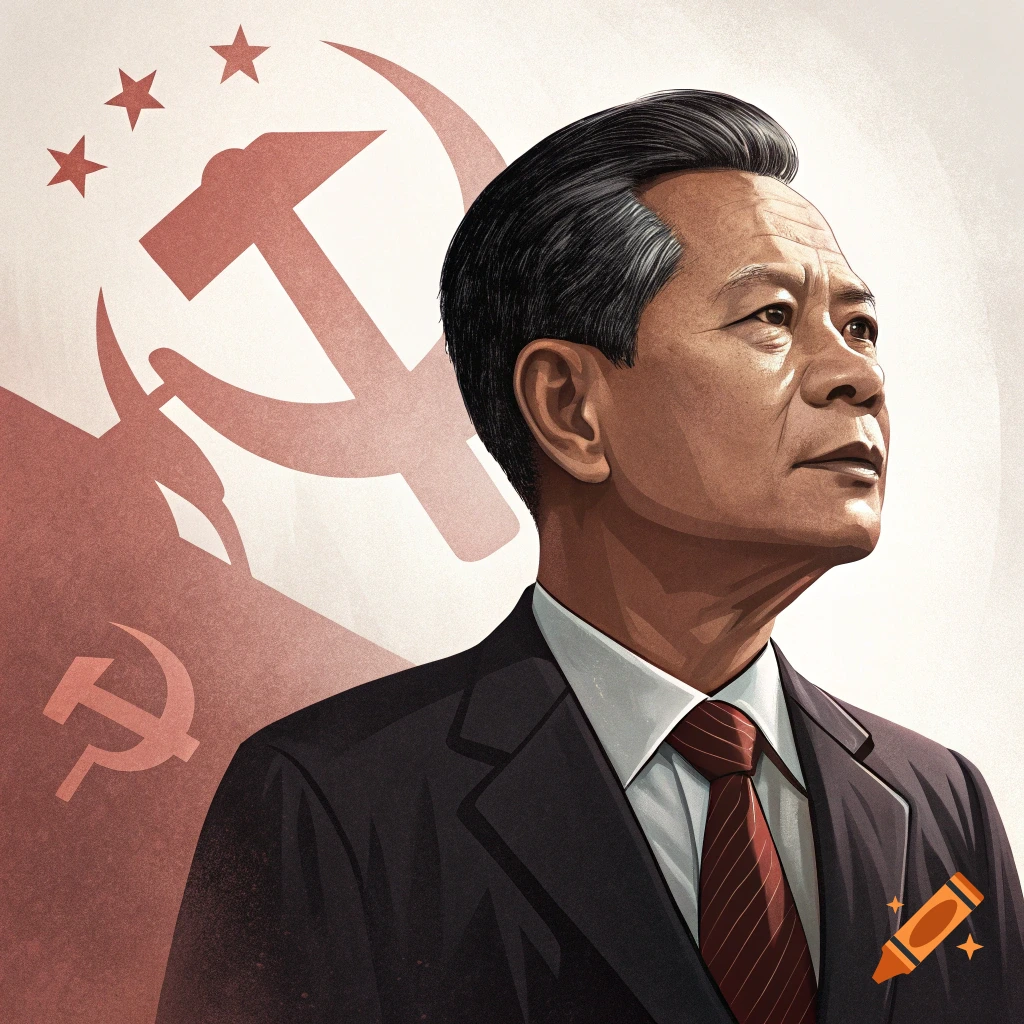Stylized illustration of a man in a suit with a hammer and sickle and stars in the background.
