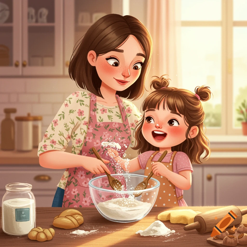 Cartoon of a mother and daughter baking together in a sunny kitchen.