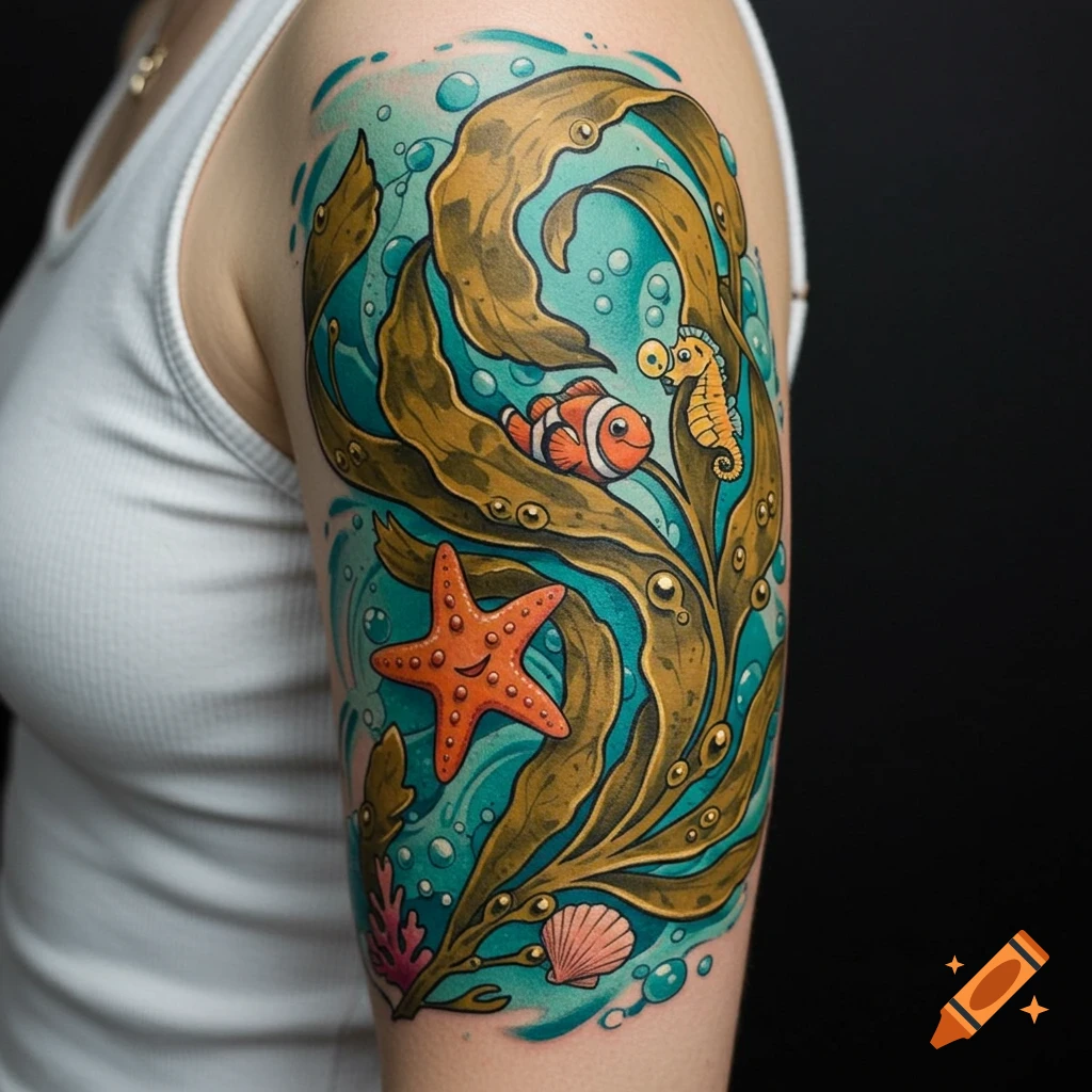 Colorful cartoon tattoo of kelp, clownfish, seahorse, starfish, and a shell on an arm.