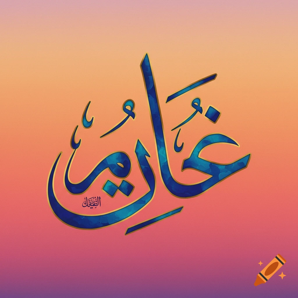 Blue and teal Arabic calligraphy on an orange and purple gradient background.