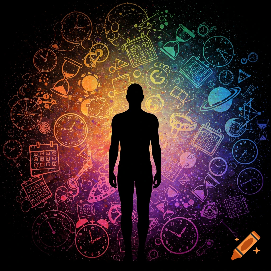Silhouette of a person surrounded by colorful abstract symbols of time and space in digital art style.