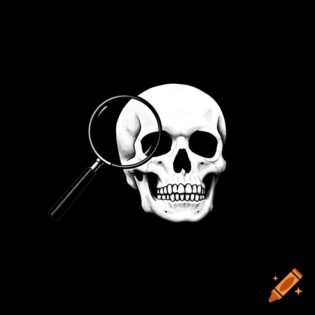 Minimalist black and white image of a skull with a magnifying glass over its eye socket.