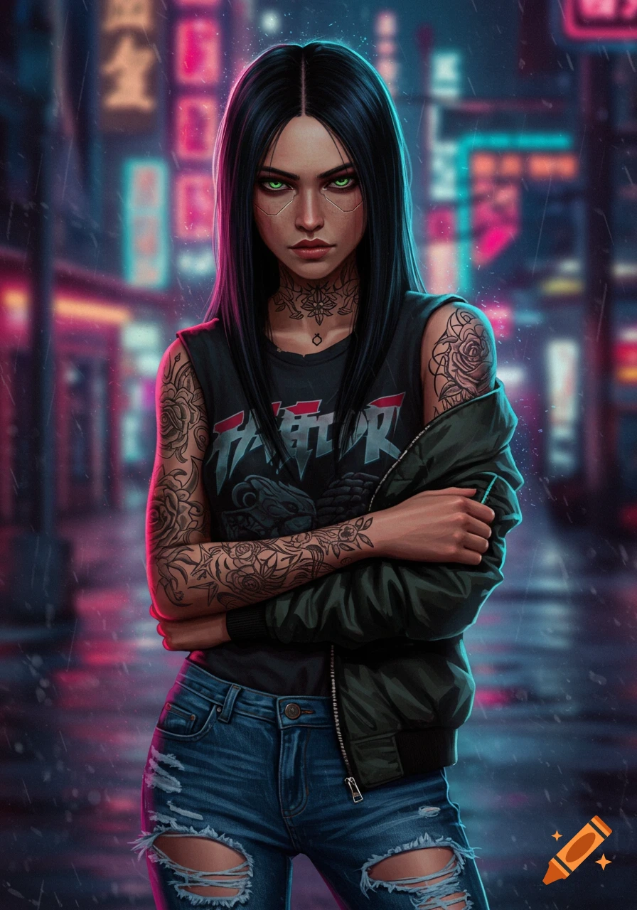 A woman with black hair, green eyes, tattoos, and ripped jeans stands on a rainy street.