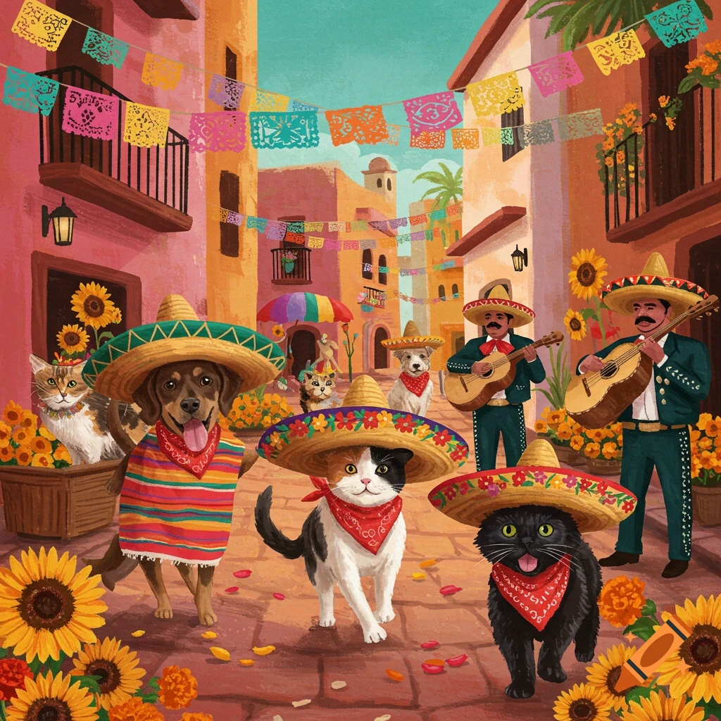 Cats and dogs wearing sombreros with mariachis in a festive street scene with colorful banners.