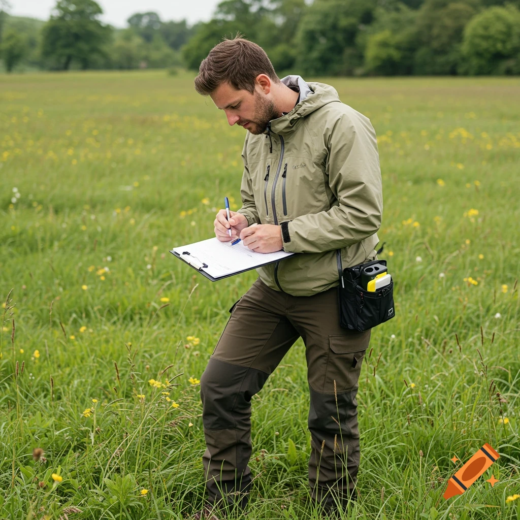A man writes on a clipboard while standing in a field of grass and yellow flowers.