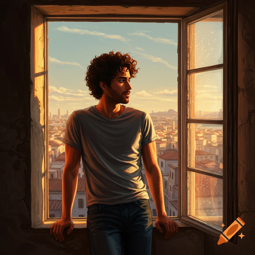 A man stands by a window, looking out at a city sunset.