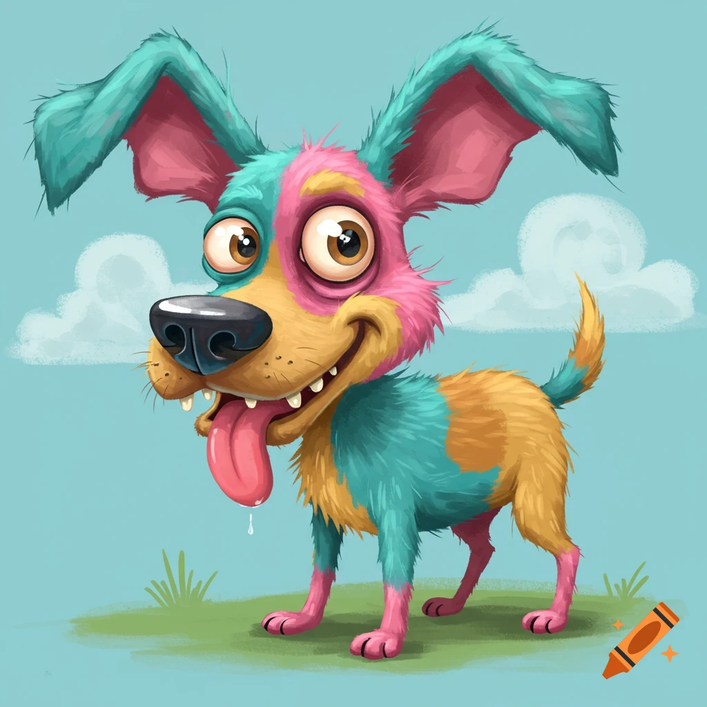 A colorful cartoon dog with floppy ears and its tongue sticking out.
