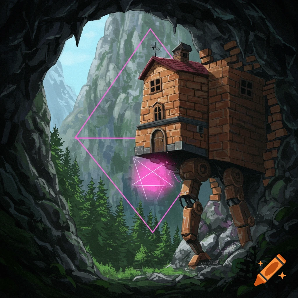 A house with robotic legs stands in a cave overlooking a forest, with a glowing pink symbol.