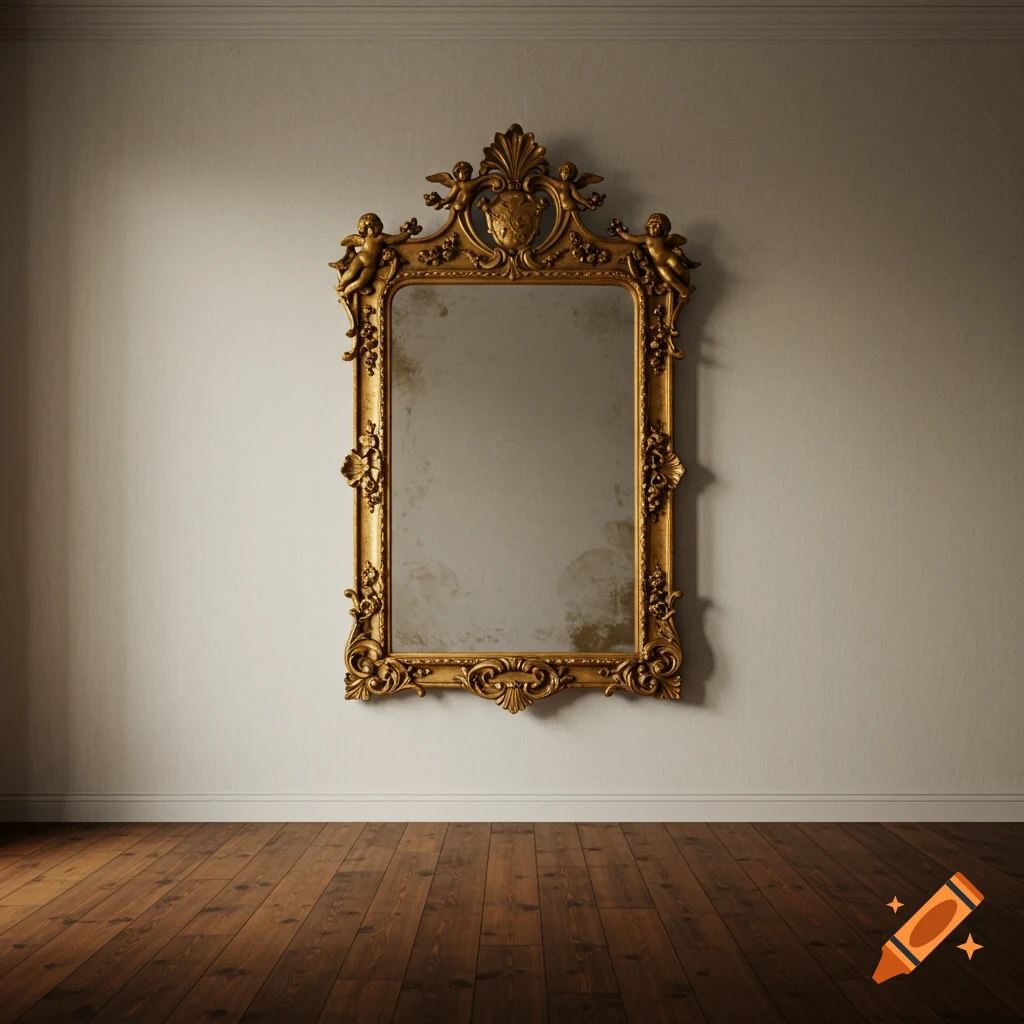 An ornate antique gold mirror hangs on a wall in a room with wooden floors.