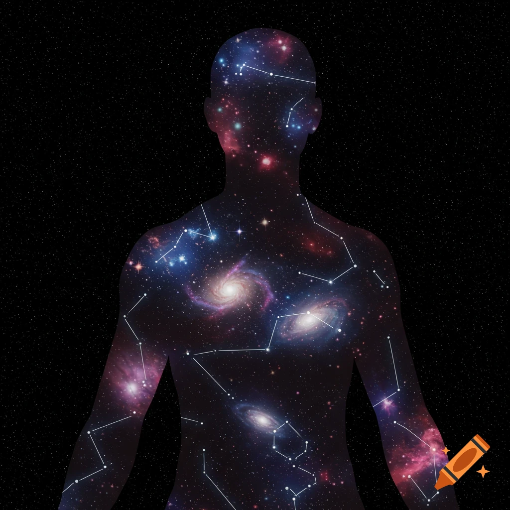 Human silhouette filled with galaxies and stars, with constellation lines