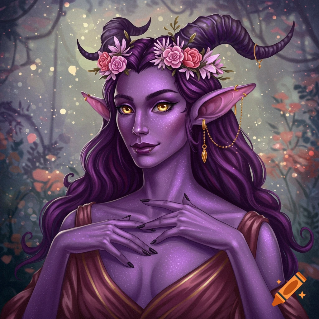 A fantasy woman with purple skin, horns, and flowers in her hair in a forest.