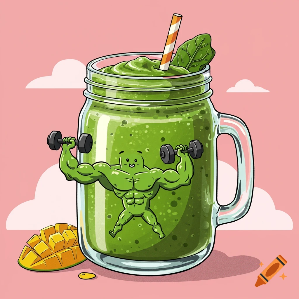 Cartoon green smoothie character with arms and legs holding dumbbells, next to a mango slice.