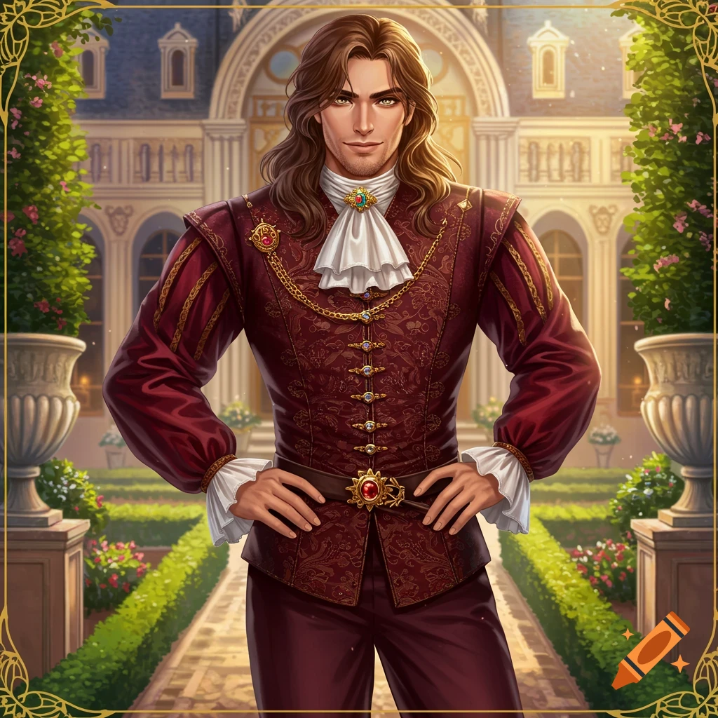 A handsome man in historical noble attire stands in a garden.