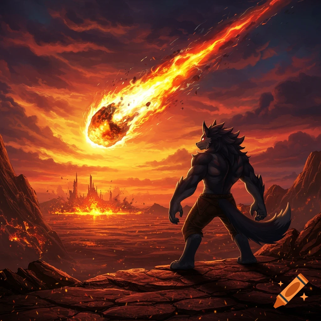A muscular werewolf watches a fiery meteor crashing towards a city in the distance under a dramatic red sky.