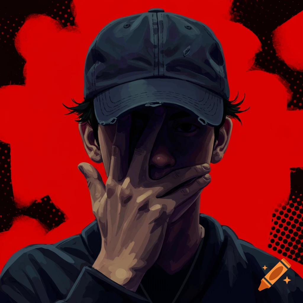 A person in a cap covers their face with a hand against a red and black background.