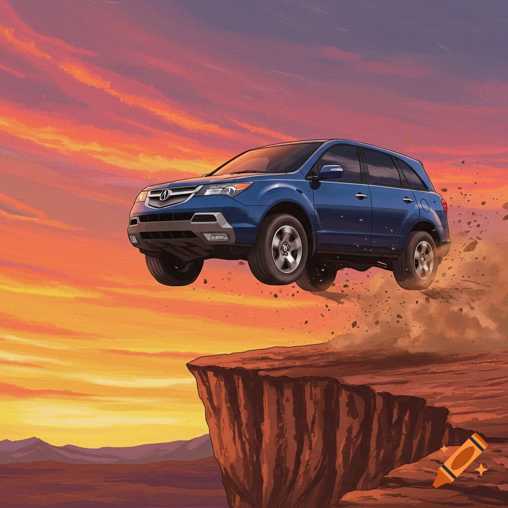 Blue SUV flying off a cliff at sunset.