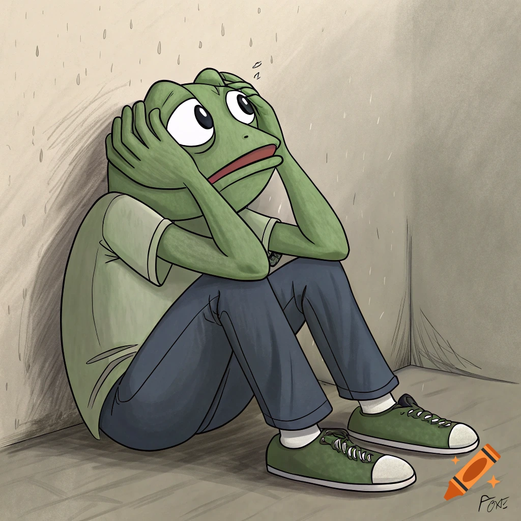 Cartoon frog sitting in a corner with hands over its face, looking distressed