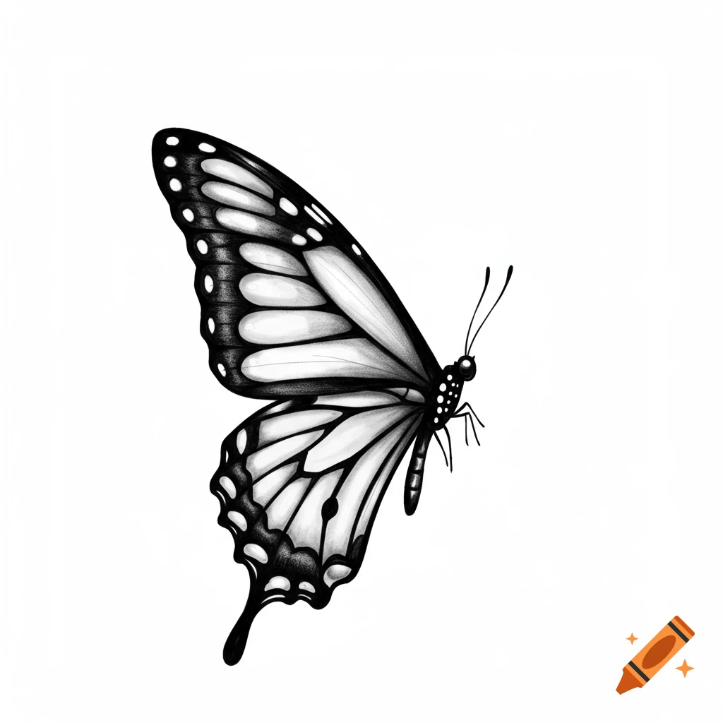 A detailed black and white drawing of a monarch butterfly with wings spread.