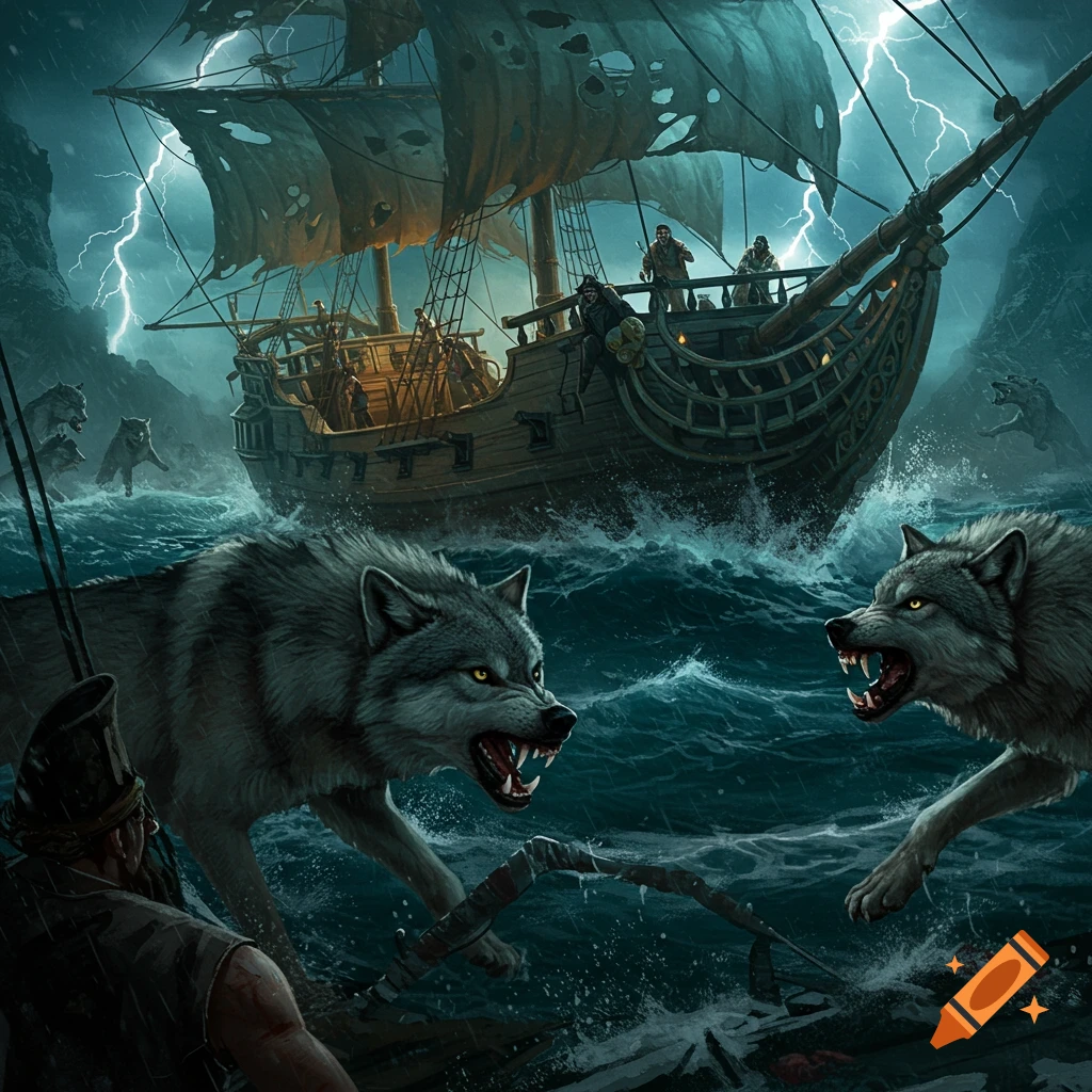 Wolves attacking a pirate ship during a stormy night.