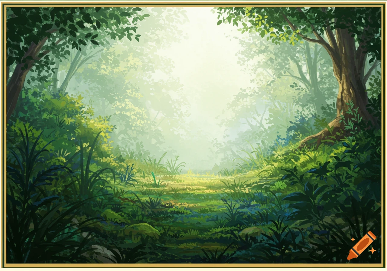 A lush green forest with sunlight filtering through misty trees and plants.