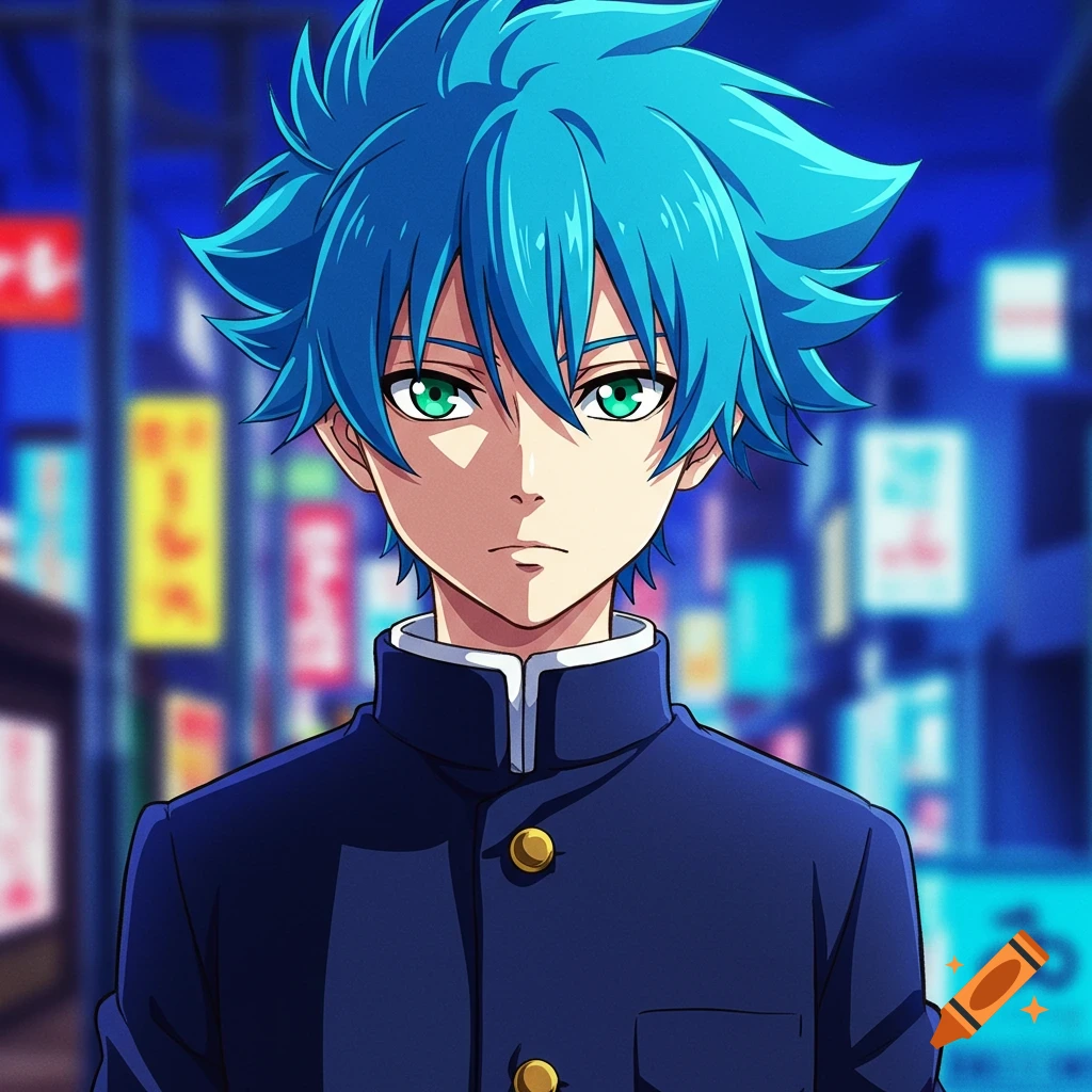 Anime portrait of a boy with bright blue hair and green eyes in a dark blue school uniform, with a blurred city background.