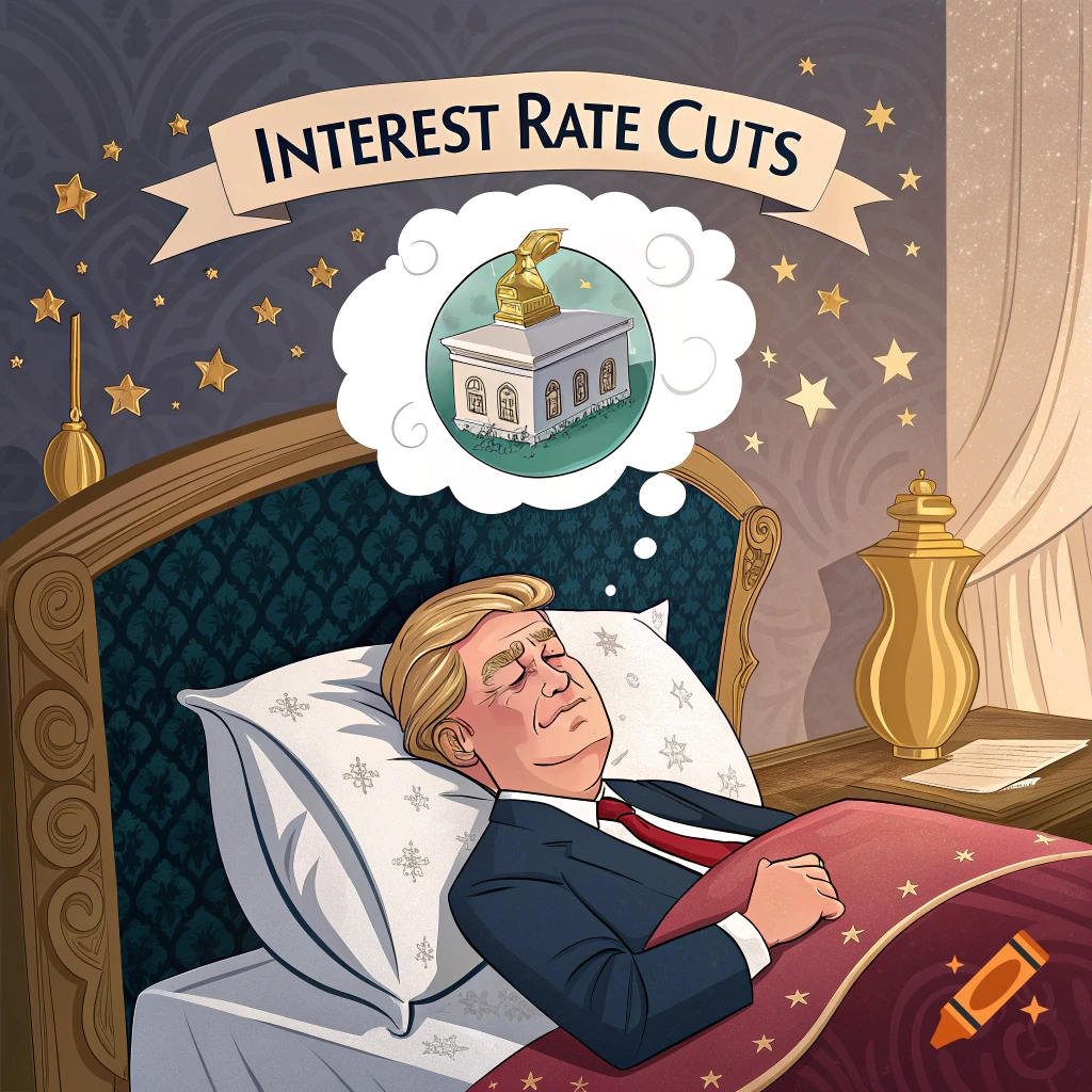 Cartoon of Trump sleeping and dreaming about a building and interest rate cuts