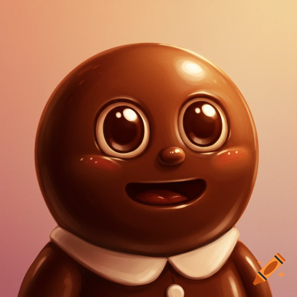 A cute, round brown character with big eyes and a white collar.