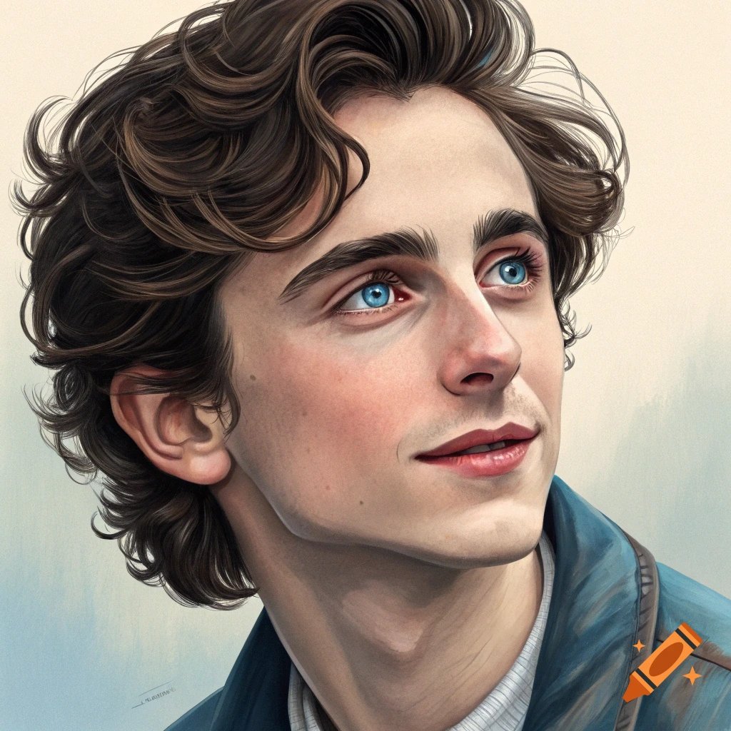 Portrait of Timothee Chalamet looking up, with blue eyes and brown curly hair.