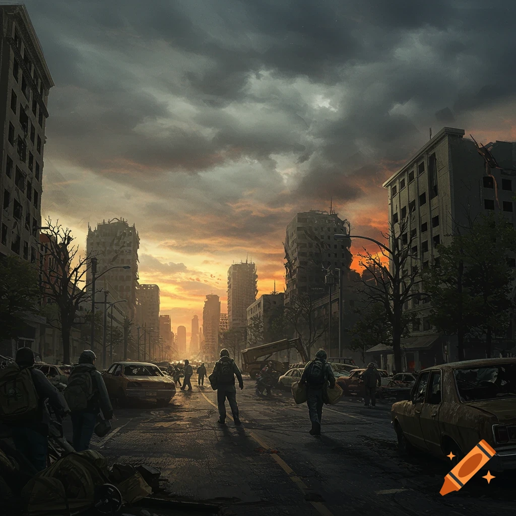 Ruined city street at sunset with survivors walking.