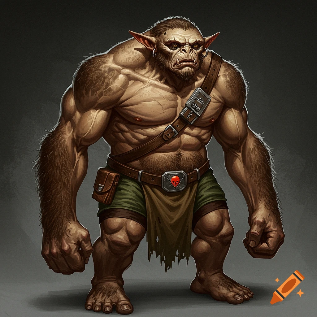 A muscular, beast-like fantasy creature with furry arms and legs, wearing shorts and a belt with a skull buckle.