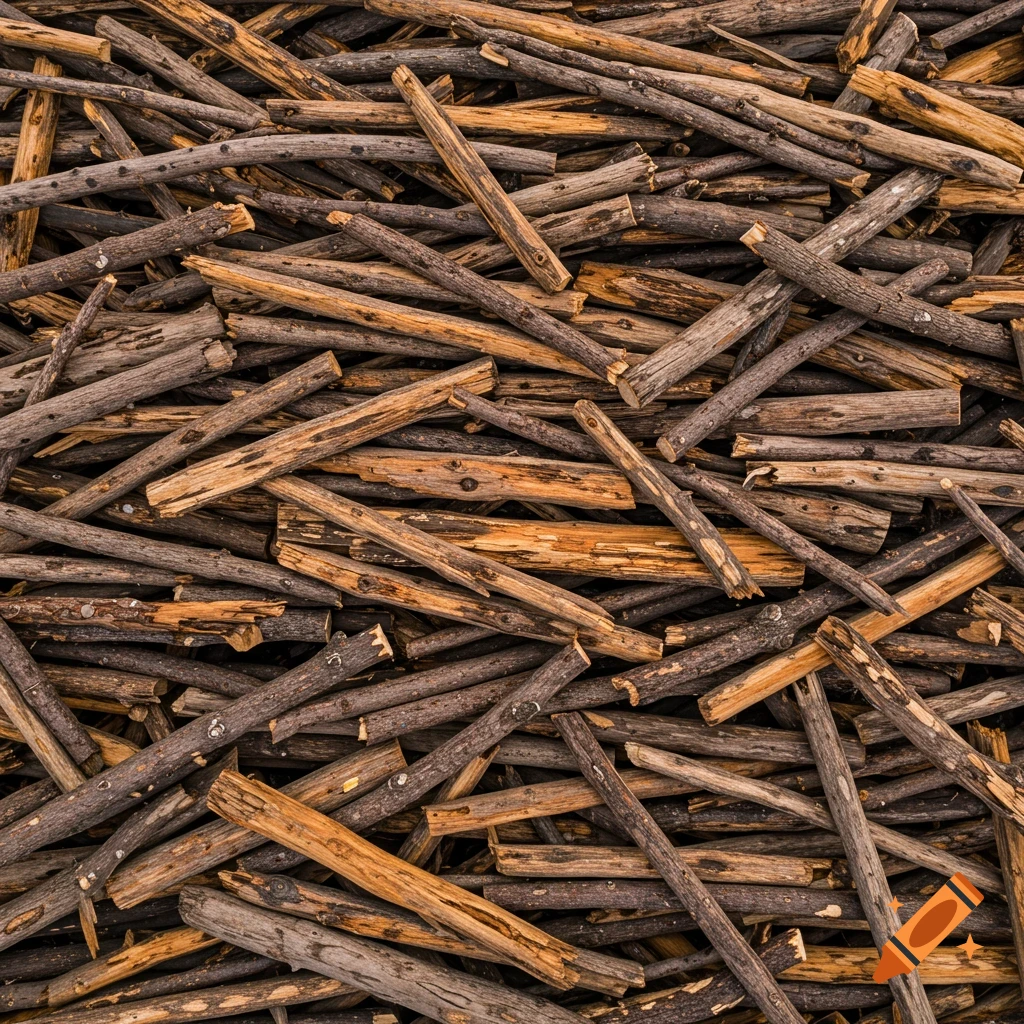 A close-up, top-down view of a large pile of dry sticks and small logs