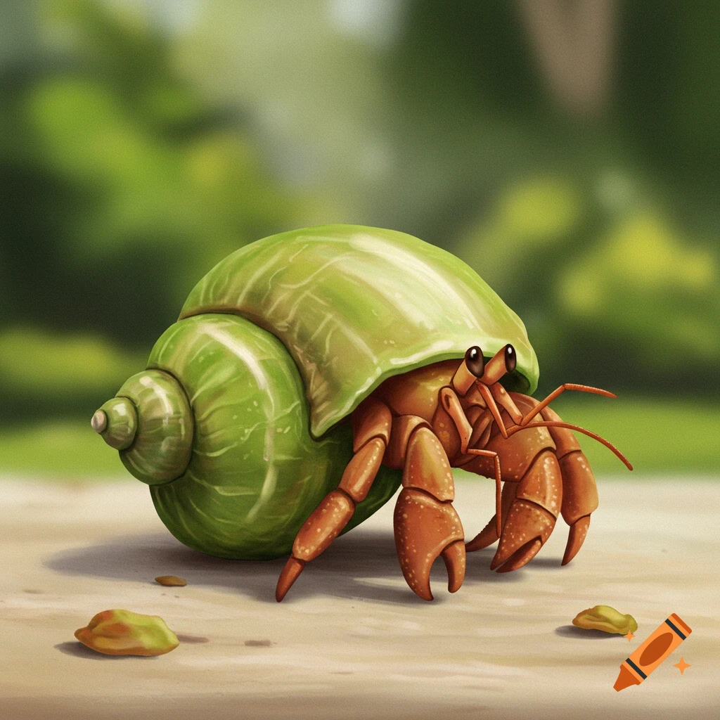 A hermit crab with a green pistachio shell on a sandy surface.