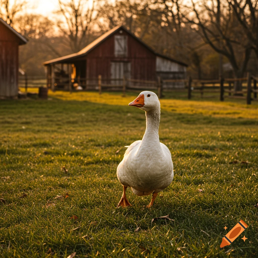 A white goose walks in the grass on a farm at sunset with a red barn in the background.