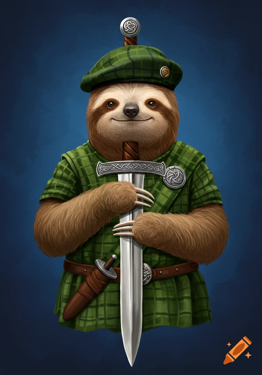 A sloth wearing a kilt and beret, holding a Scottish sword.