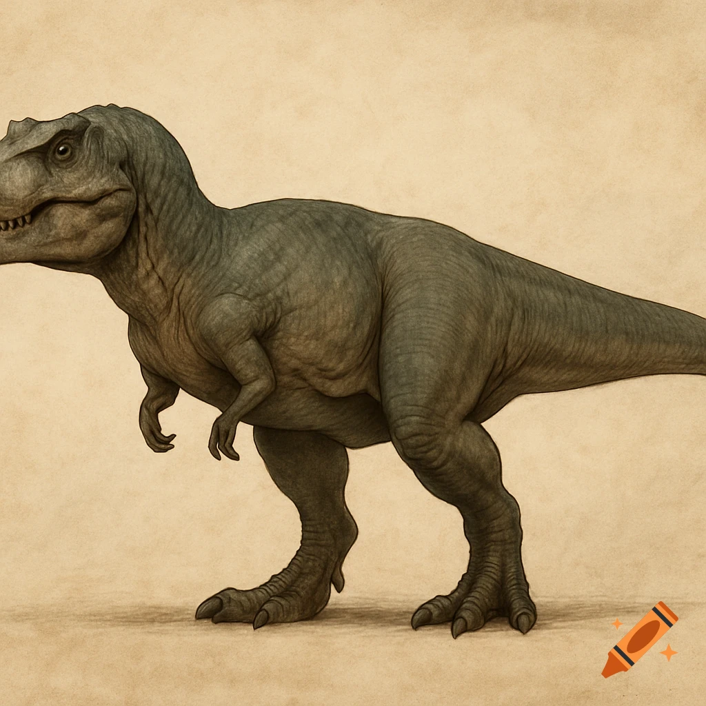 A detailed illustration of a Tyrannosaurus Rex standing on a light background.