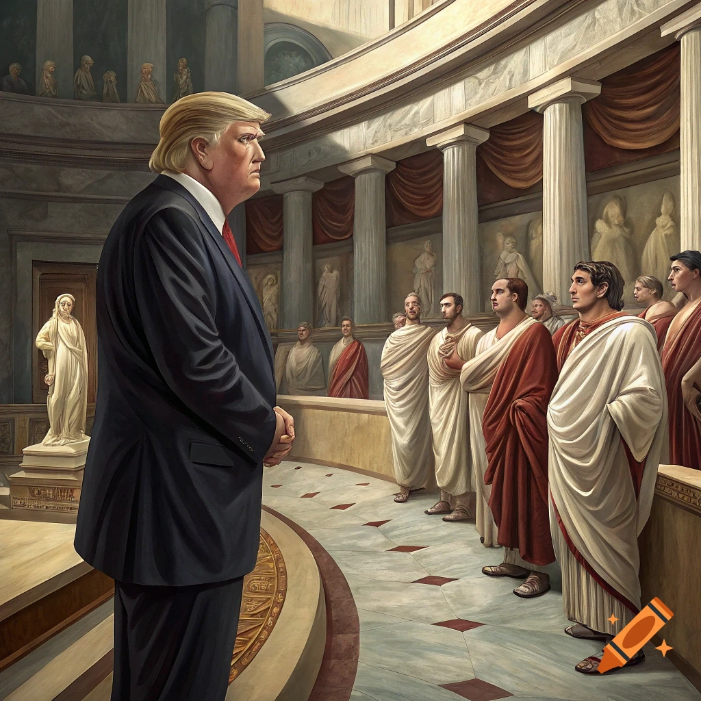 A man resembling Donald Trump stands before the Roman senate with figures in togas