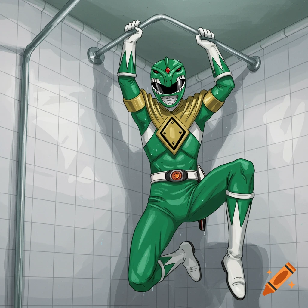 The Green Power Ranger hangs from a shower rod.